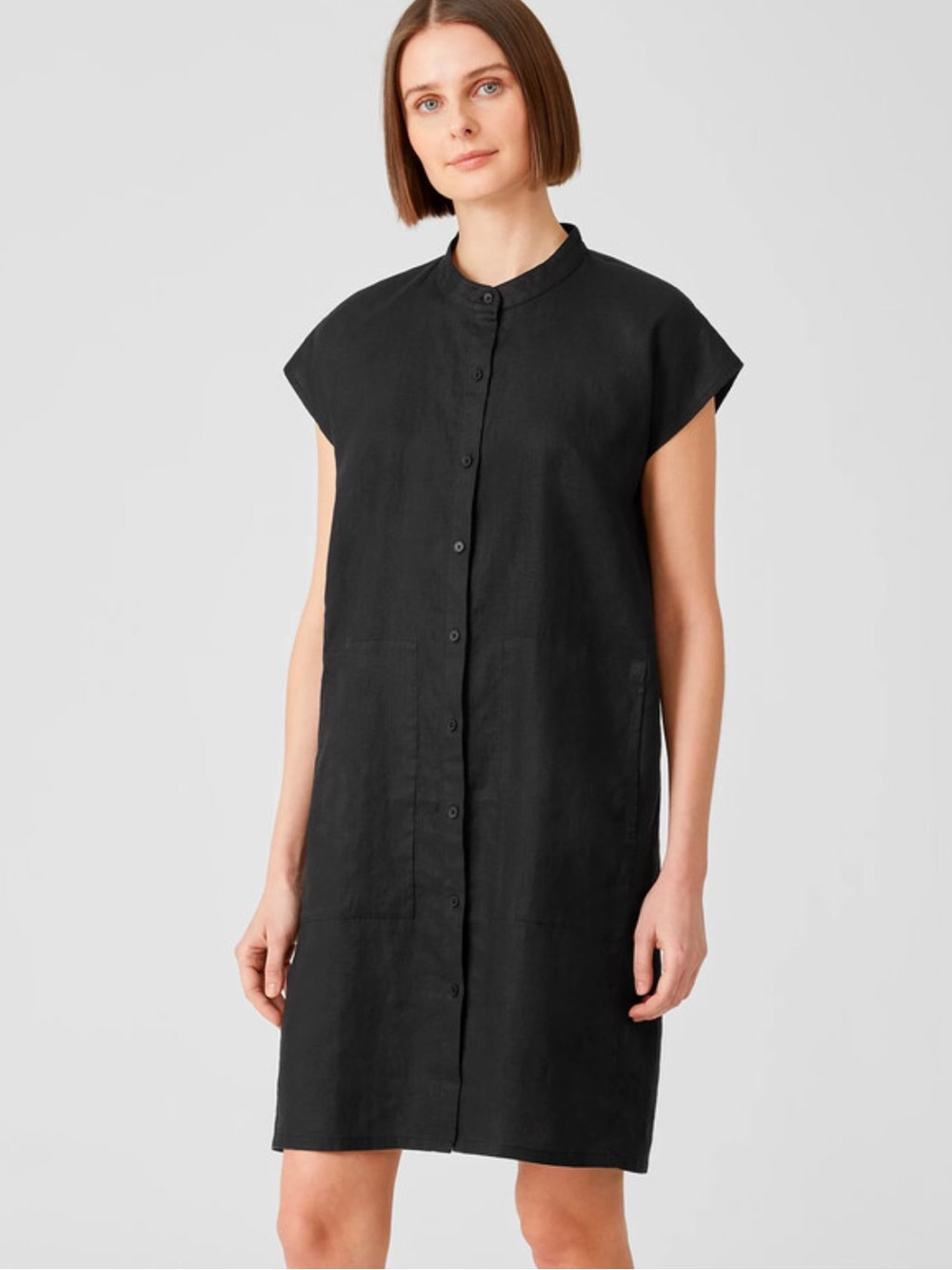 Eileen Fisher Organic Linen Mandarin Collar Shirt Dress Size 1X Coastal Nautical